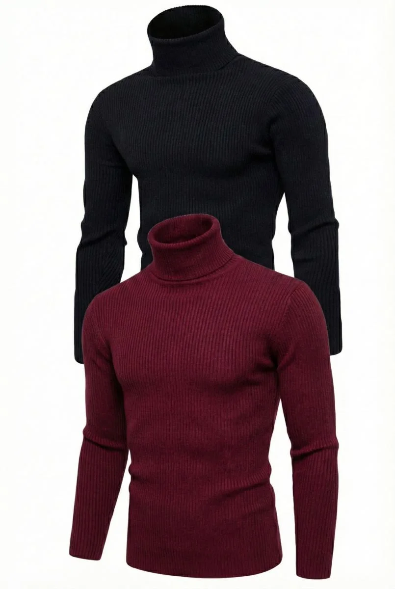 Erkek Kaşkorse Boğazlı Likralı Fitilli Slim Fit Body 2'li Set Siyah-Bordo