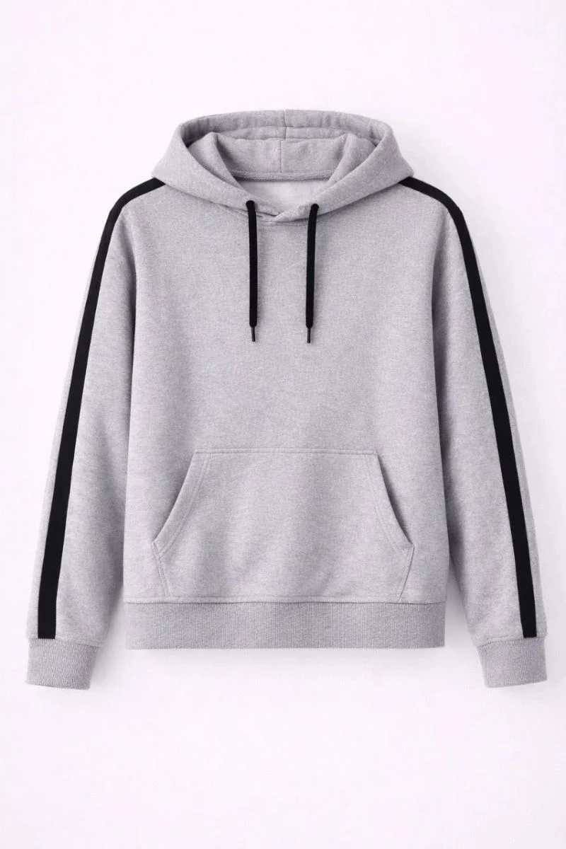 Erkek Şeritli Kapüşonlu Sweatshirt Oversize 3 iplik Pamuklu Hoodie - Gri