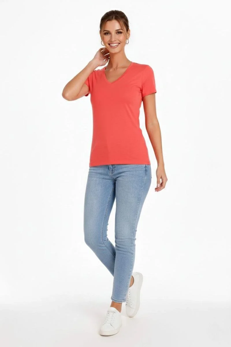 Kadın T-Shirt V Yaka Slim Fit Likralı Tişört Yazlık Basic Body - Nar Çiçeği