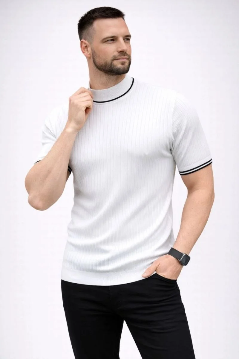 Erkek Fitilli Triko Dokuma Kısa Kol Tişört Yarım Boğaz Modern Yazlık T-Shirt - Beyaz