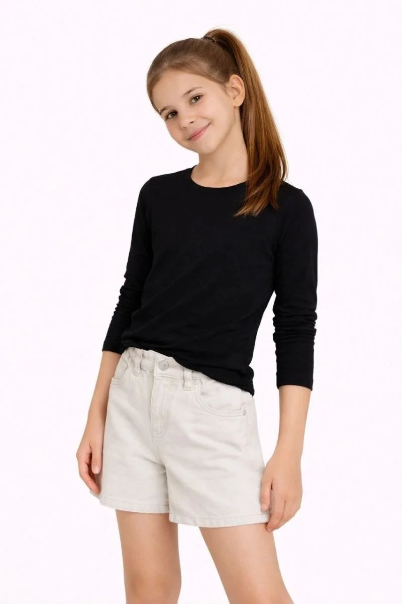 Kız Çocuk Basic Uzun Kollu Tişört Okul Günlük Rahat T-Shirt - Siyah
