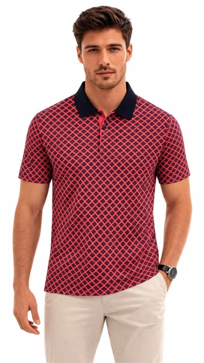 Erkek Pike Kumaş Polo Yaka Desenli Tişört Kısa Kol Yazlık T-Shirt - Kırmızı