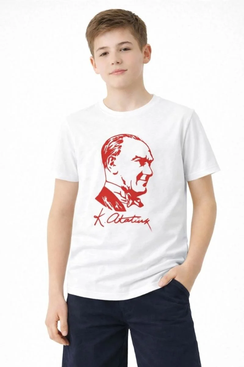 Erkek Çocuk Atatürk Baskılı Tişört Kısa Kollu Bisiklet Yaka T-Shirt - Beyaz