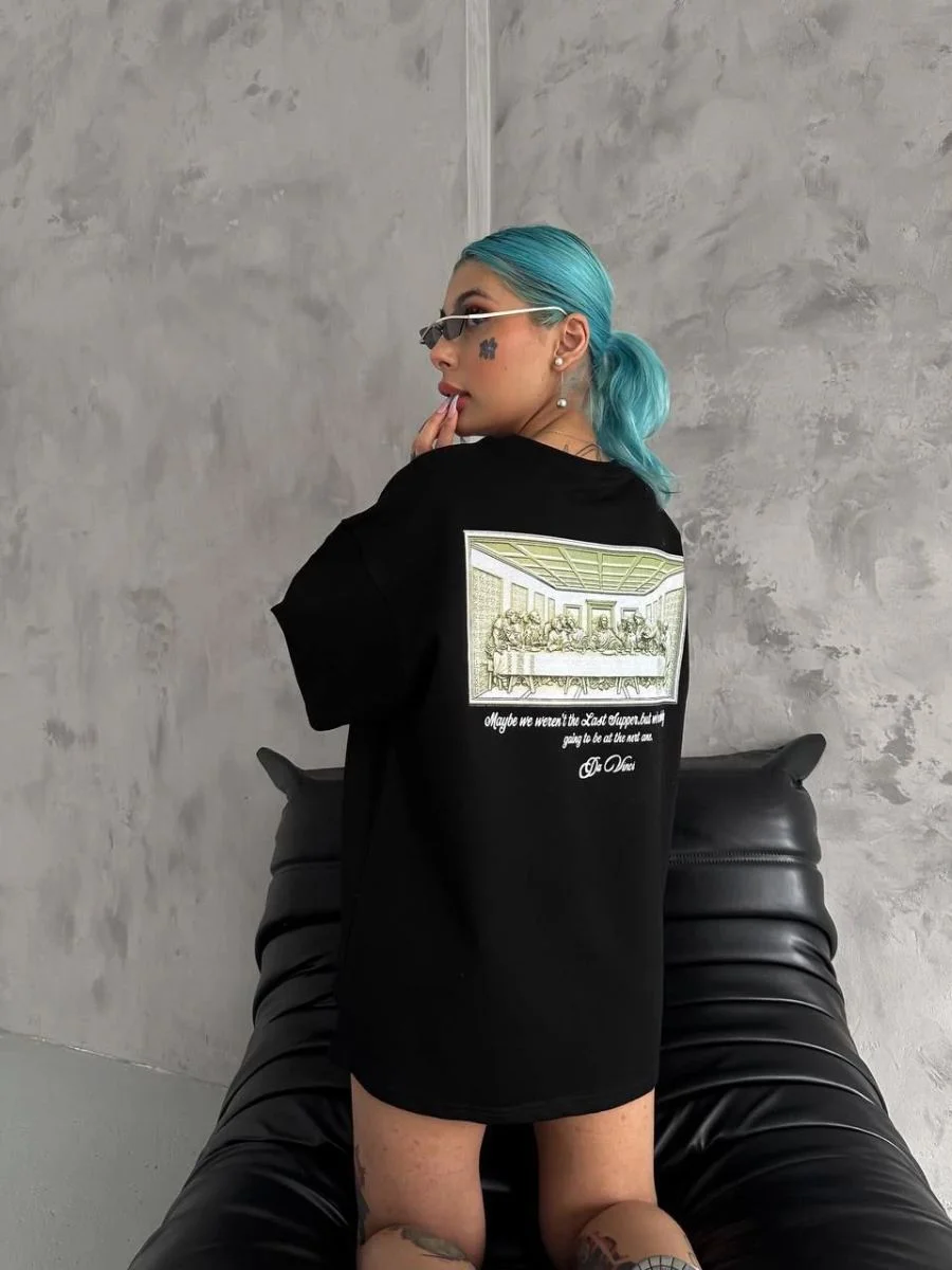 Kadın Baskılı T-Shirt Kısa Kol Bisiklet Yaka Oversize Rahat Kalıp Günlük Tişört - Siyah