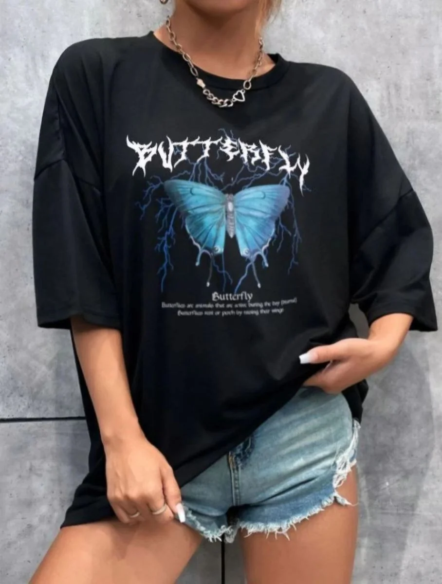 Kadın kelebek Baskılı Oversize kısa kol T-Shirt - Siyah