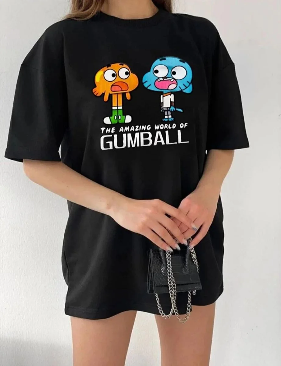Kadın Kısa kol Tişört Bisiklet Yaka Baskılı Oversize T-Shirt - Siyah