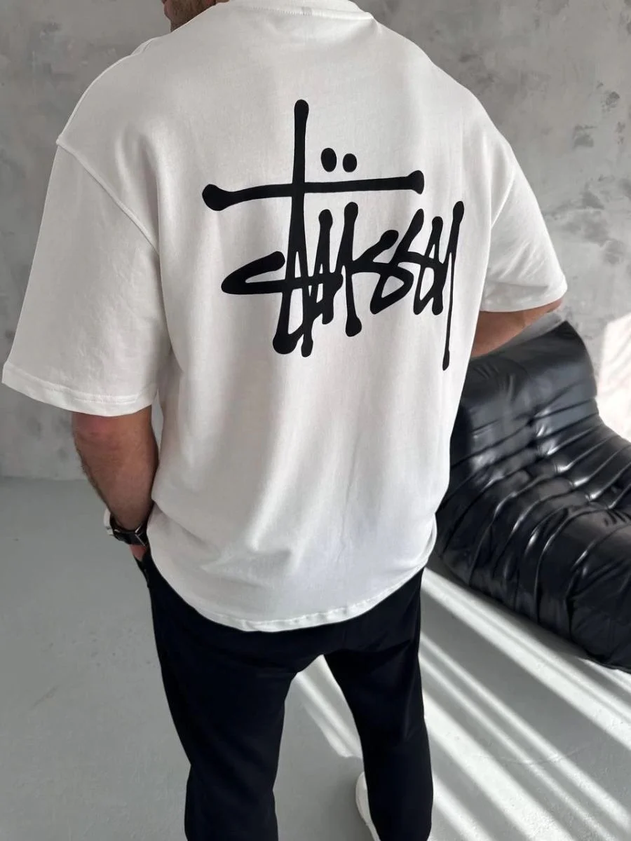 Erkek Tişört Bisiklet Yaka Baskılı Oversize Kısa kol T-Shirt - Beyaz