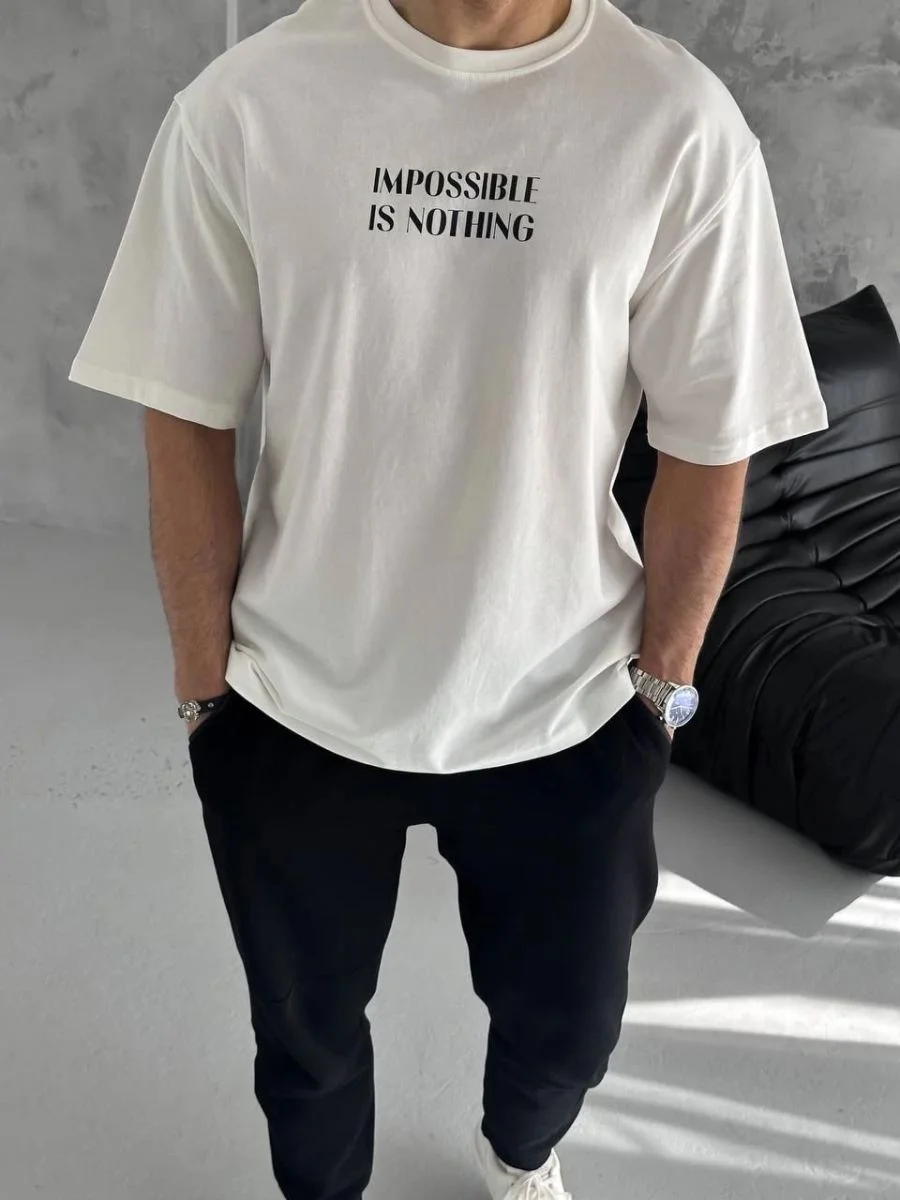ERKEK Tişört Bisiklet Yaka Baskılı Oversize Kısa kol T-Shirt - Beyaz