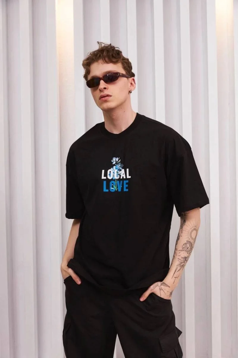 ERKEK Bisiklet Yaka Baskılı Oversize Kısa kol T-Shirt - Siyah
