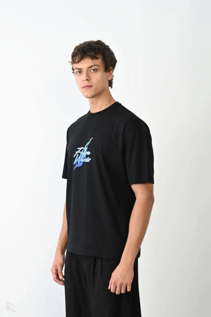 Erkek Kısa Kol Yazlık Tişört Bisiklet Yaka Baskılı Oversize T-Shirt - Siyah