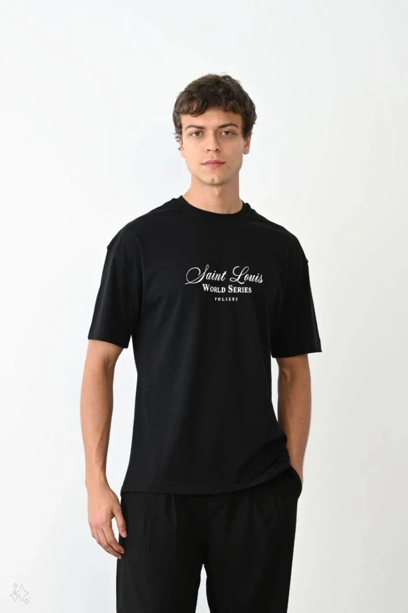 Erkek Kısa Kol Yazlık Tişört Bisiklet Yaka Baskılı Oversize T-Shirt - Siyah