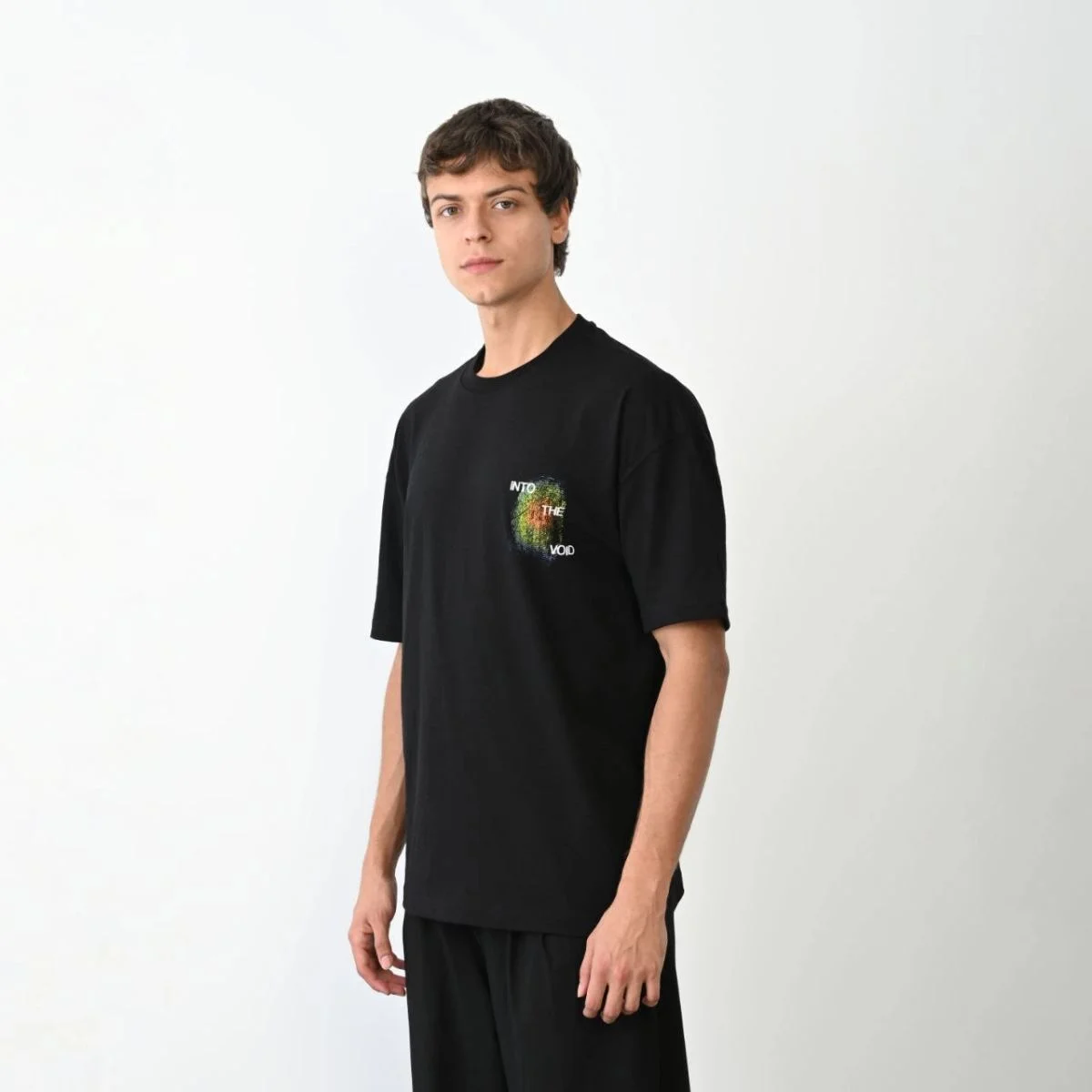 Erkek Kısa Kol Yazlık Tişört Bisiklet Yaka Baskılı Oversize T-Shirt - Siyah
