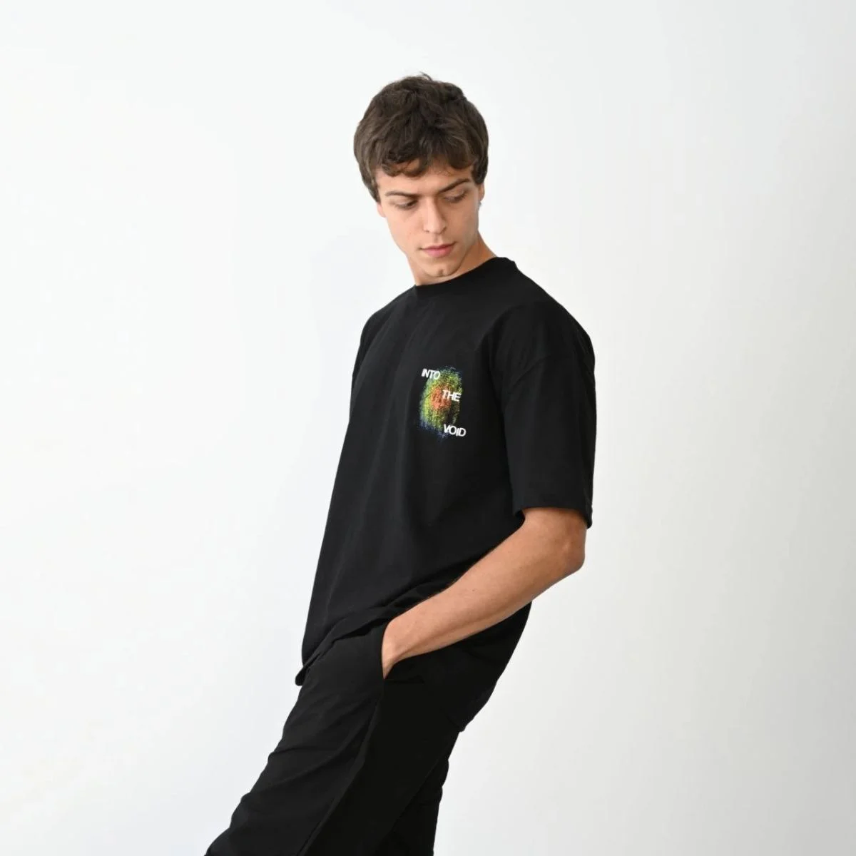 Erkek Kısa Kol Yazlık Tişört Bisiklet Yaka Baskılı Oversize T-Shirt - Siyah