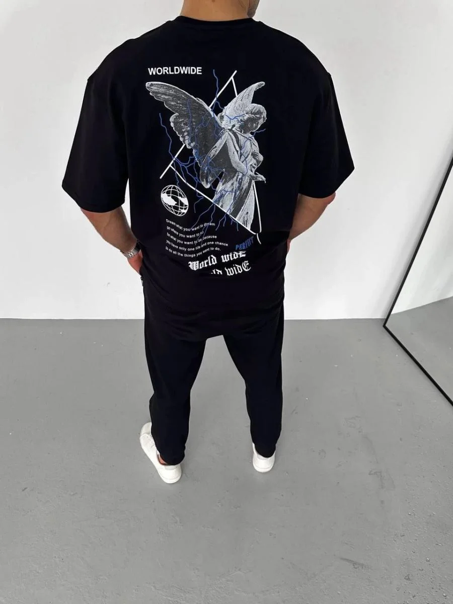 Erkek Baskılı T-Shirt Kısa Kol Bisiklet Yaka Regular Fit Rahat Kalıp Günlük Tişört - Siyah