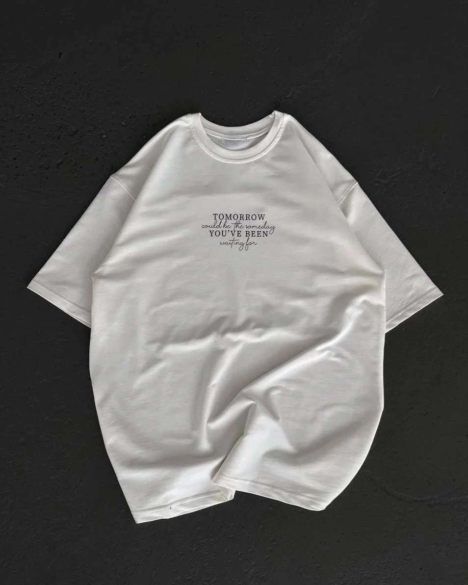 Kadın Baskılı T-Shirt Kısa Kol Bisiklet Yaka Oversize Rahat Kalıp Günlük Tişört   - Beyaz