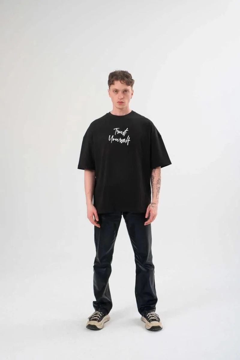 Erkek Kısa Kol Yazlık Tişört Bisiklet Yaka Baskılı Oversize T-Shirt -  Siyah