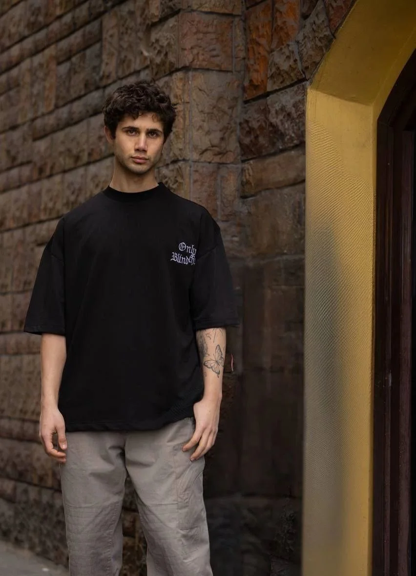 Erkek Kısa Kol Yazlık Tişört Bisiklet Yaka Baskılı Oversize T-Shirt - Siyah