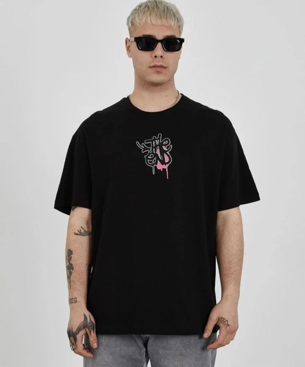 Erkek Kısa Kol Yazlık Tişört Bisiklet Yaka Baskılı Oversize T-Shirt -  Siyah