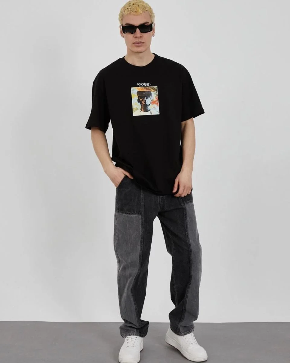 Erkek Kısa Kol Yazlık Tişört Bisiklet Yaka Baskılı Oversize T-Shirt - Siyah