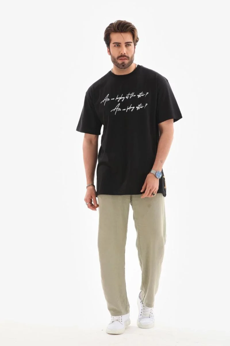 Erkek Kısa Kol Yazlık Tişört Bisiklet Yaka Baskılı Oversize T-Shirt - Siyah