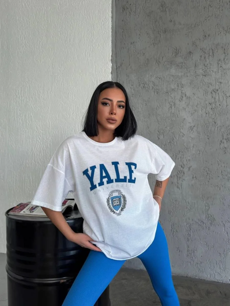 Kadın Kısa Kol Yazlık Tişört Bisiklet Yaka YALE Baskılı T-Shirt - Beyaz