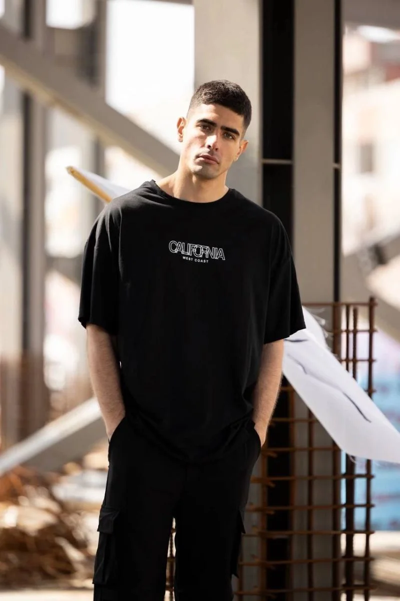 Erkek Baskılı T-Shirt Kısa Kol Bisiklet Yaka Regular Fit Rahat Kalıp Günlük Tişört - Siyah
