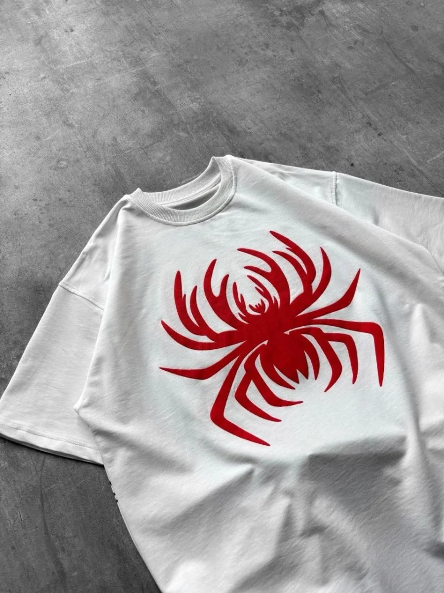 Erkek Örümcek Baskılı Tişört Kısa Kollu Bisiklet Yaka T-Shirt - Beyaz