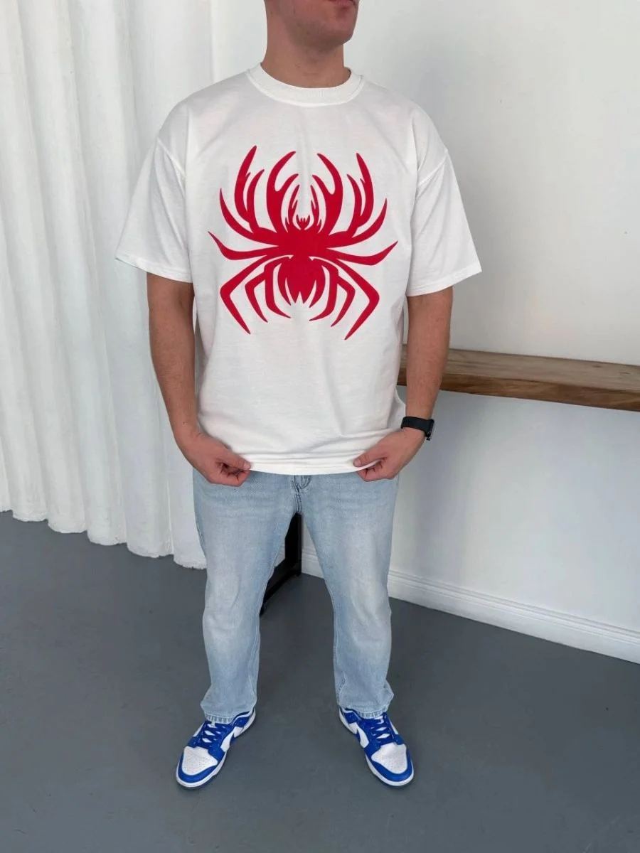 Erkek Örümcek Baskılı Tişört Kısa Kollu Bisiklet Yaka T-Shirt - Beyaz