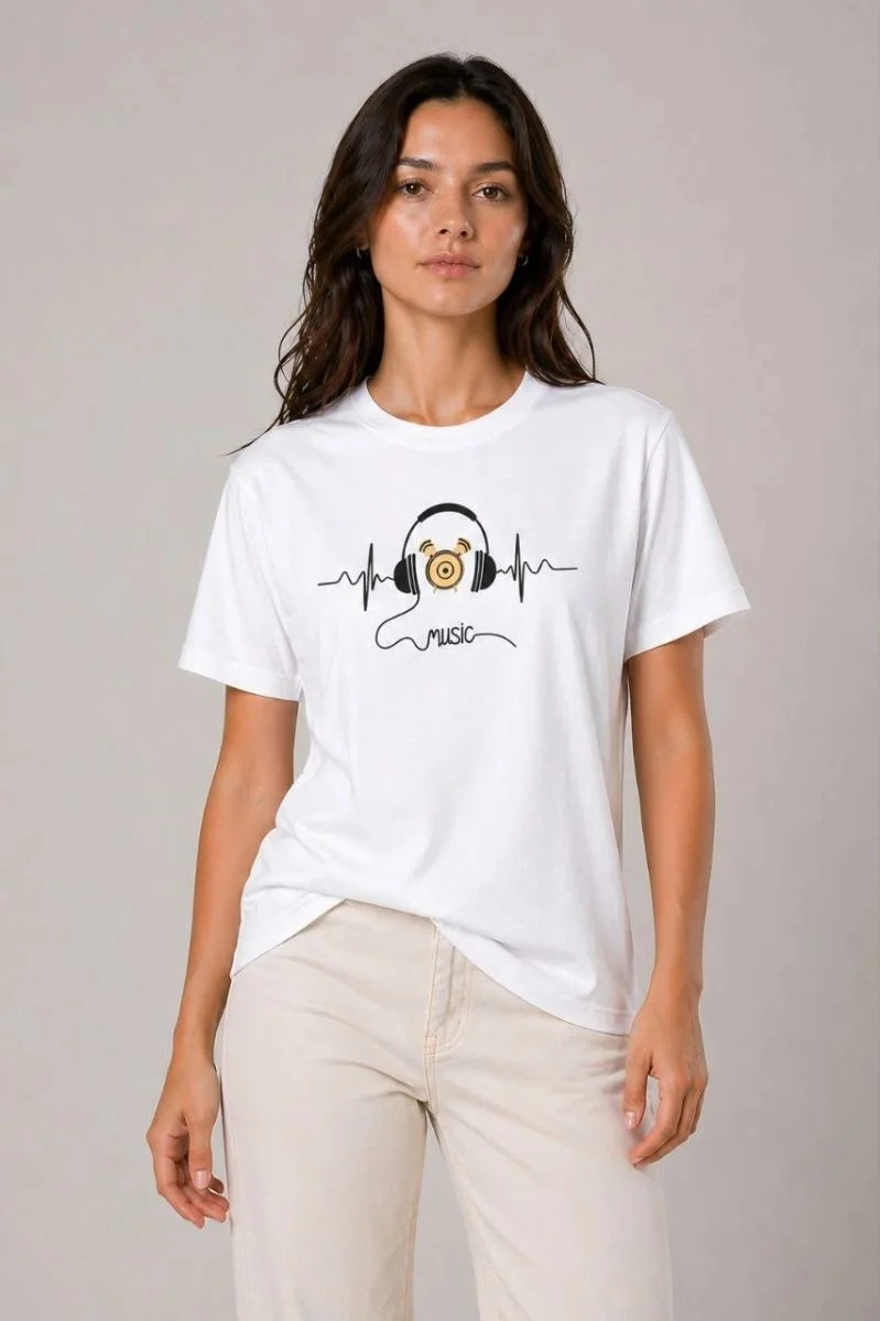 Kadın Müzik Temalı Baskılı Tişört Bisiklet Yaka Kısa Kol T-Shirt - Beyaz