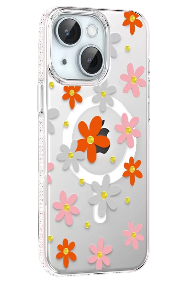 iPhone 14 Floral Magsafe Kapak - Turuncu