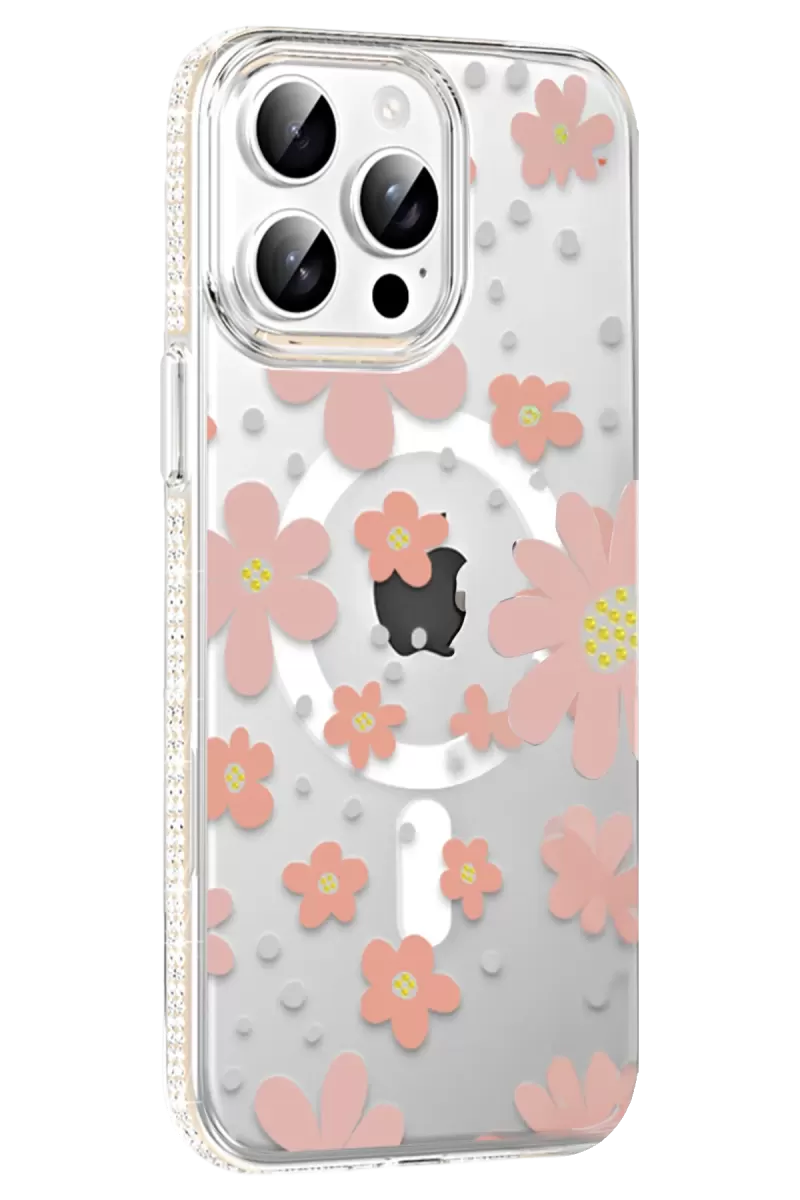iPhone 14 Pro Max Floral Magsafe Kapak - Pembe