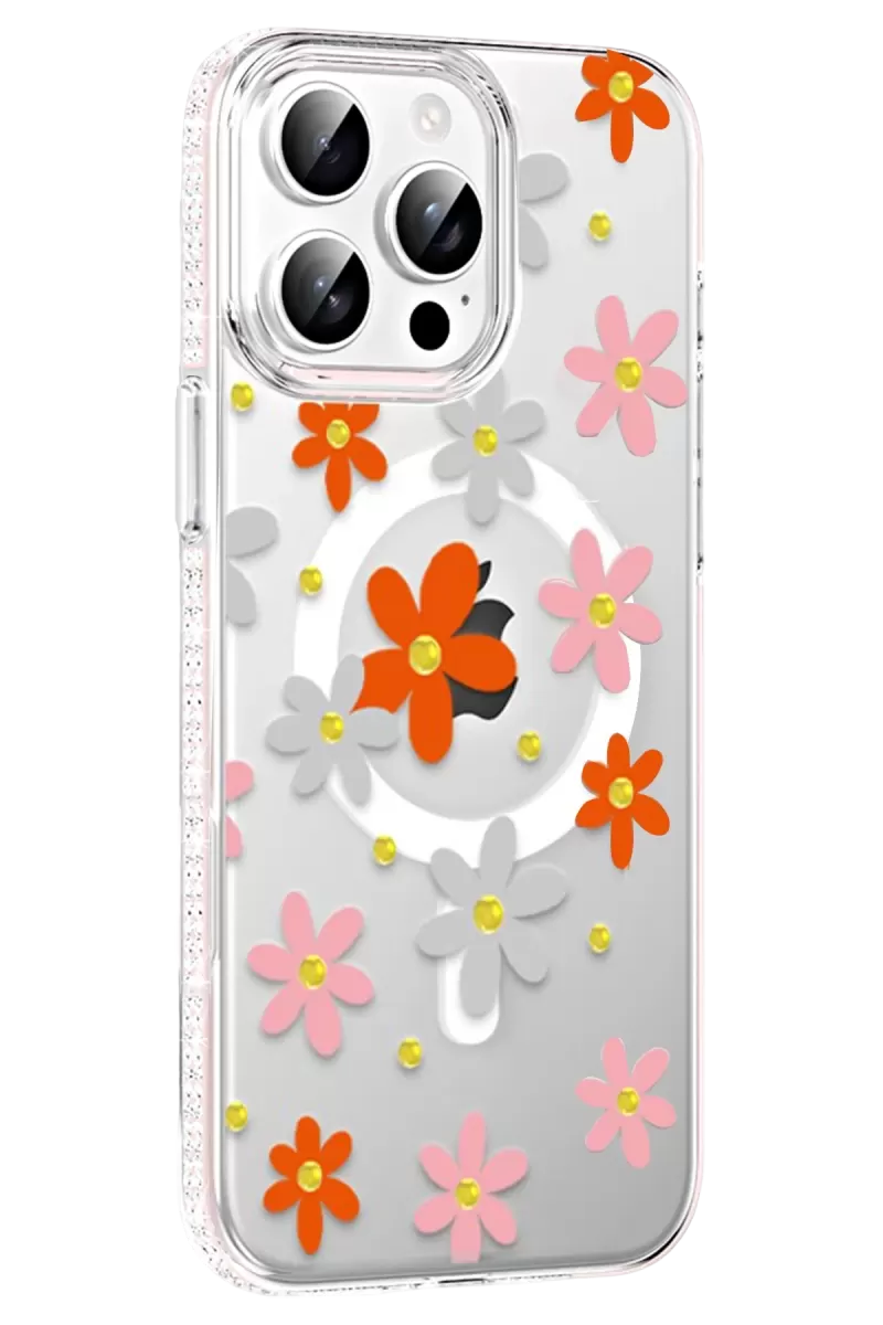 iPhone 15 Pro Floral Magsafe Kapak - Turuncu