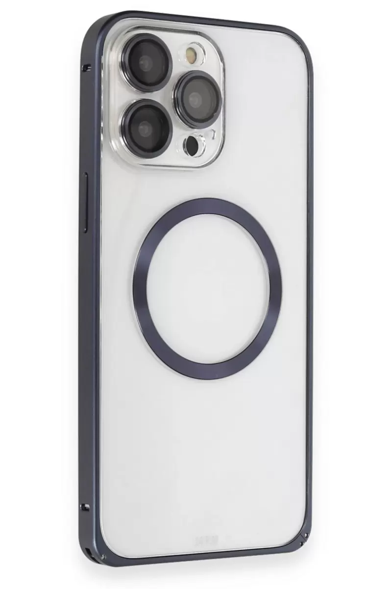 iPhone 15 Pro Max Kılıf Metal Bumper Magneticsafe Kapak - Lacivert