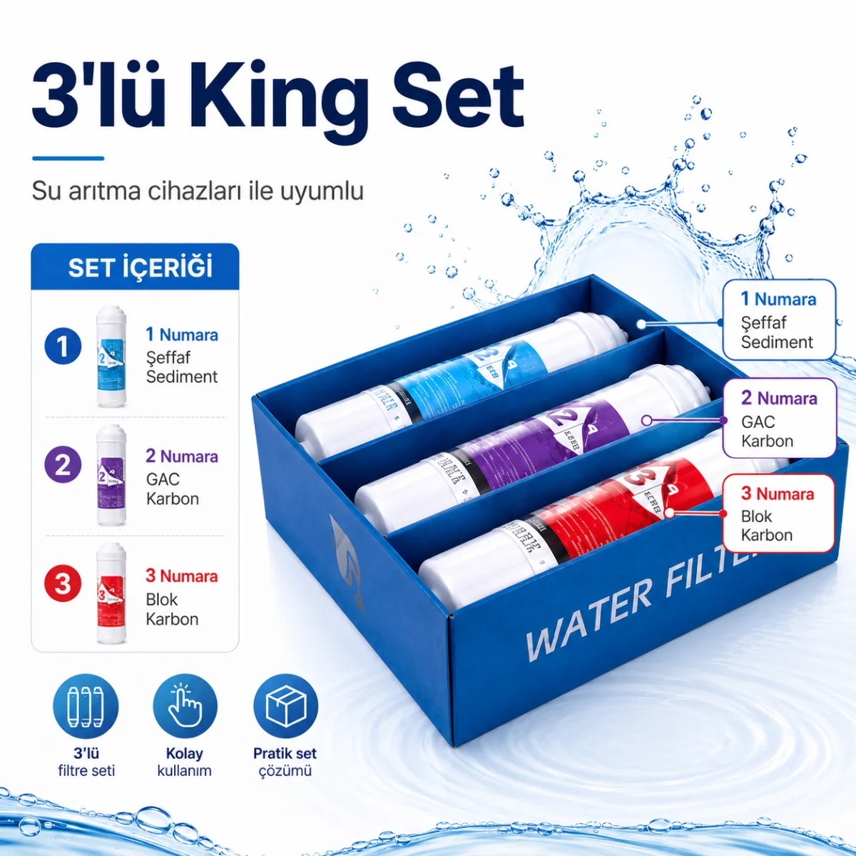 3’lü King Su Arıtma Filtre Seti Sediment GAC ve Blok Karbon 408694613