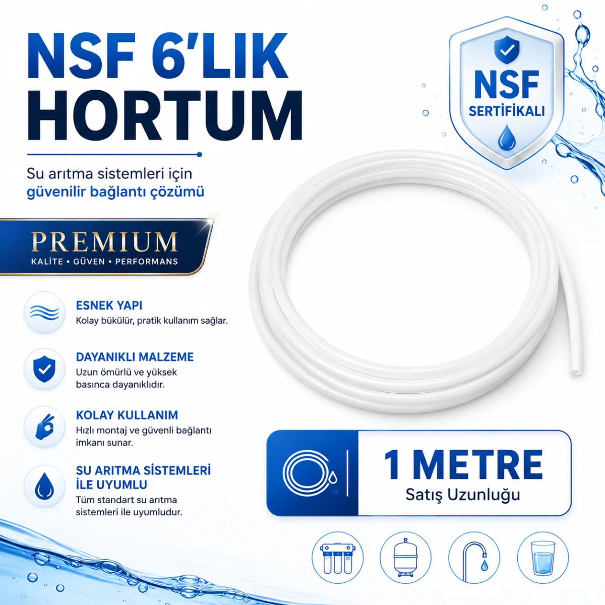 NSF Sertifikalı Premium 6’lık Su Arıtma Hortumu 1 Metre 608696155