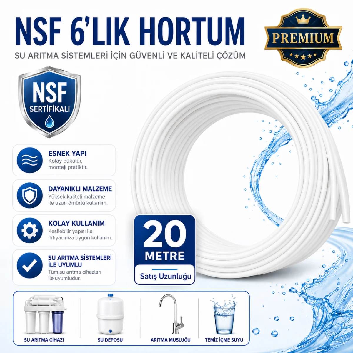 NSF Sertifikalı Premium 6’lık Su Arıtma Hortumu 20 Metre 608696155