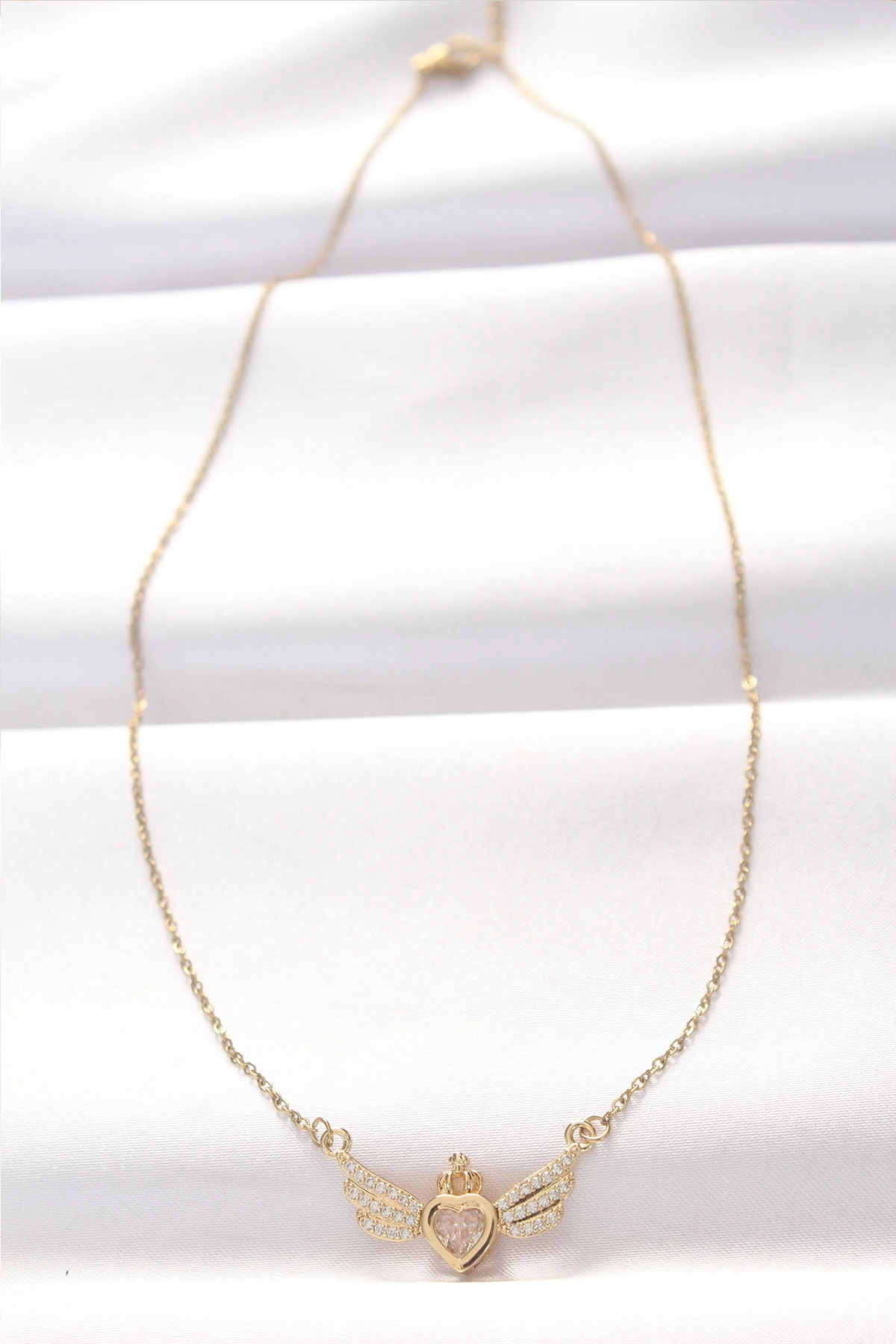 316L Çelik Gold Renk Zirkon Taşlı Kalpli Kanat Kolye