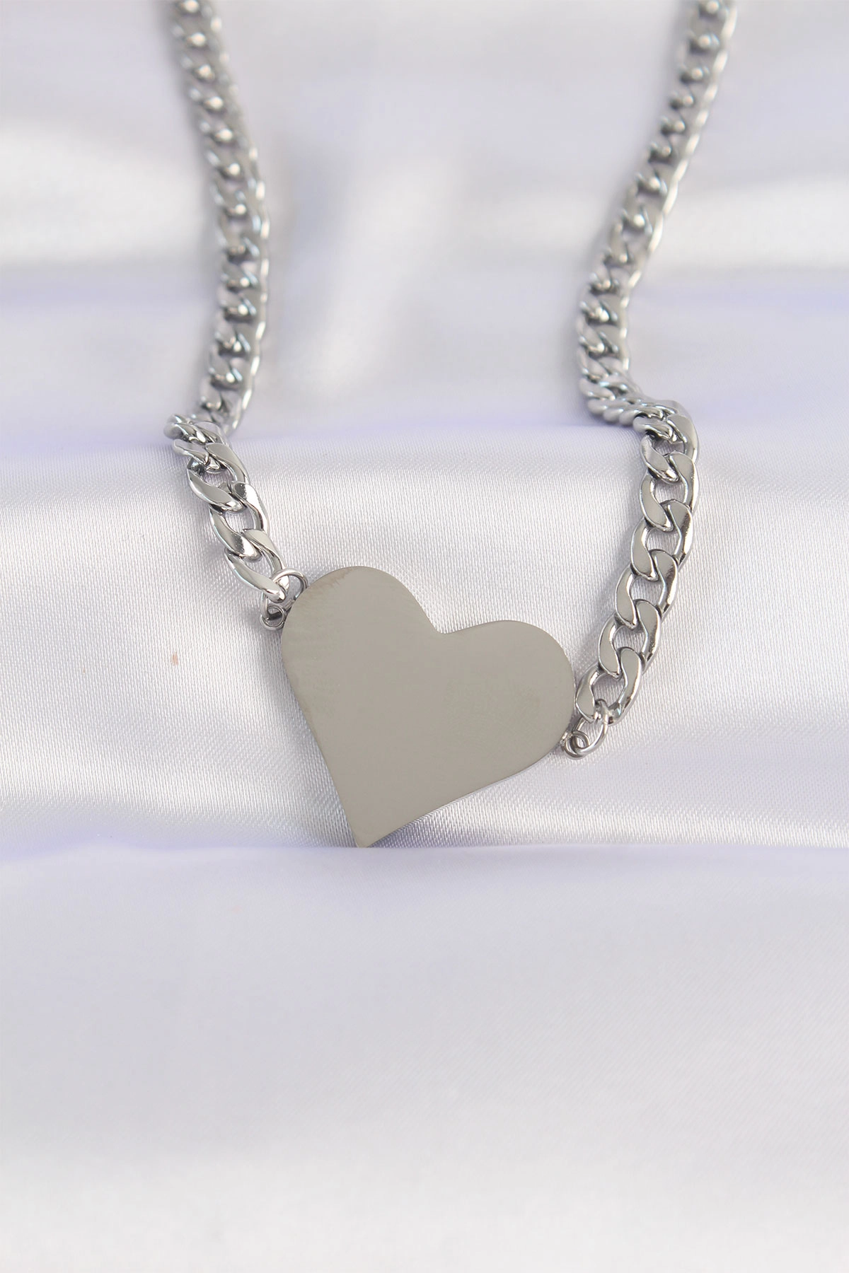 316L Çelik Zincir Gümüş Renk Düz Plaka Kalp Kolye