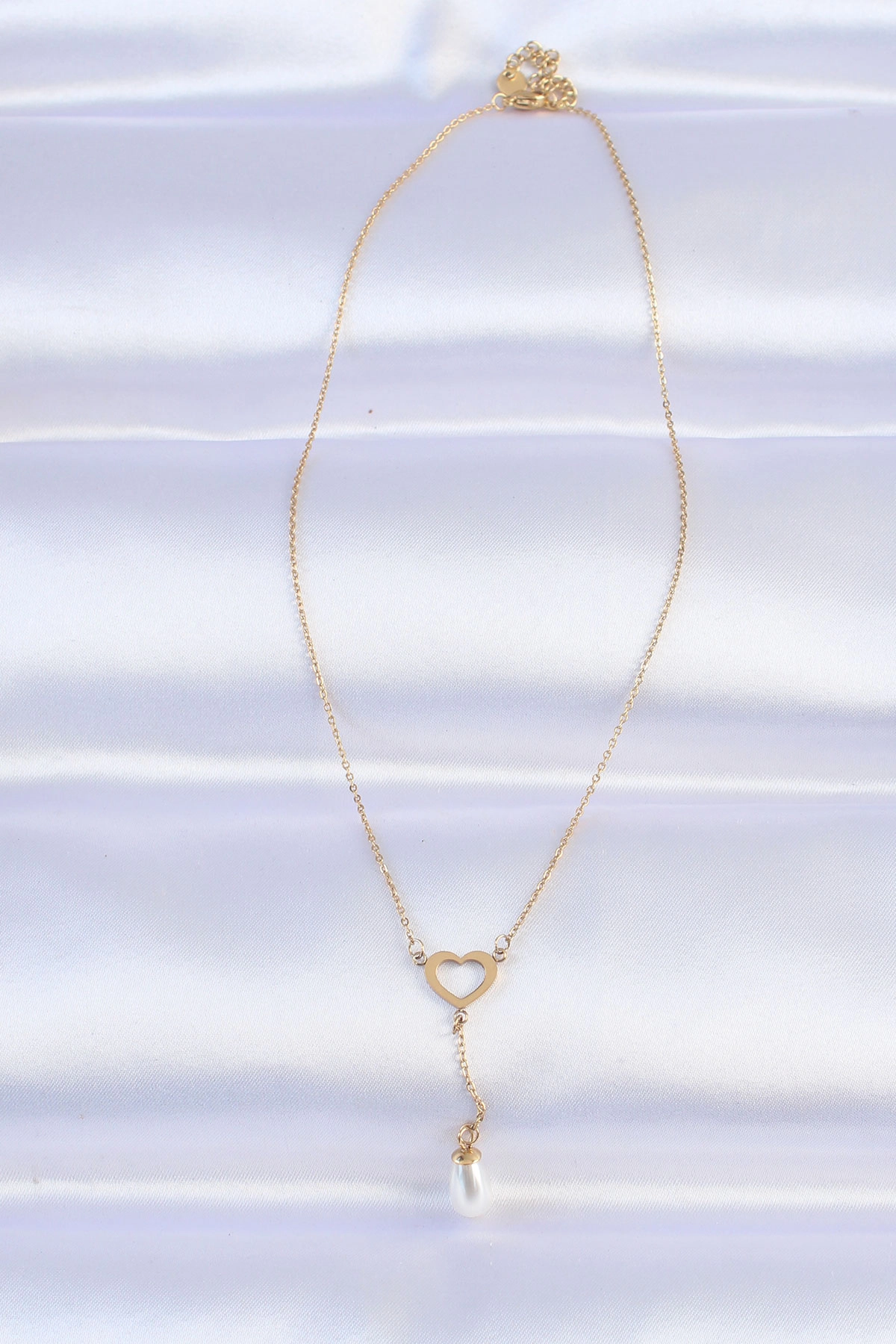 316L Çelik Zincir Gold Renk İnci Taş Detay Kalp Kolye