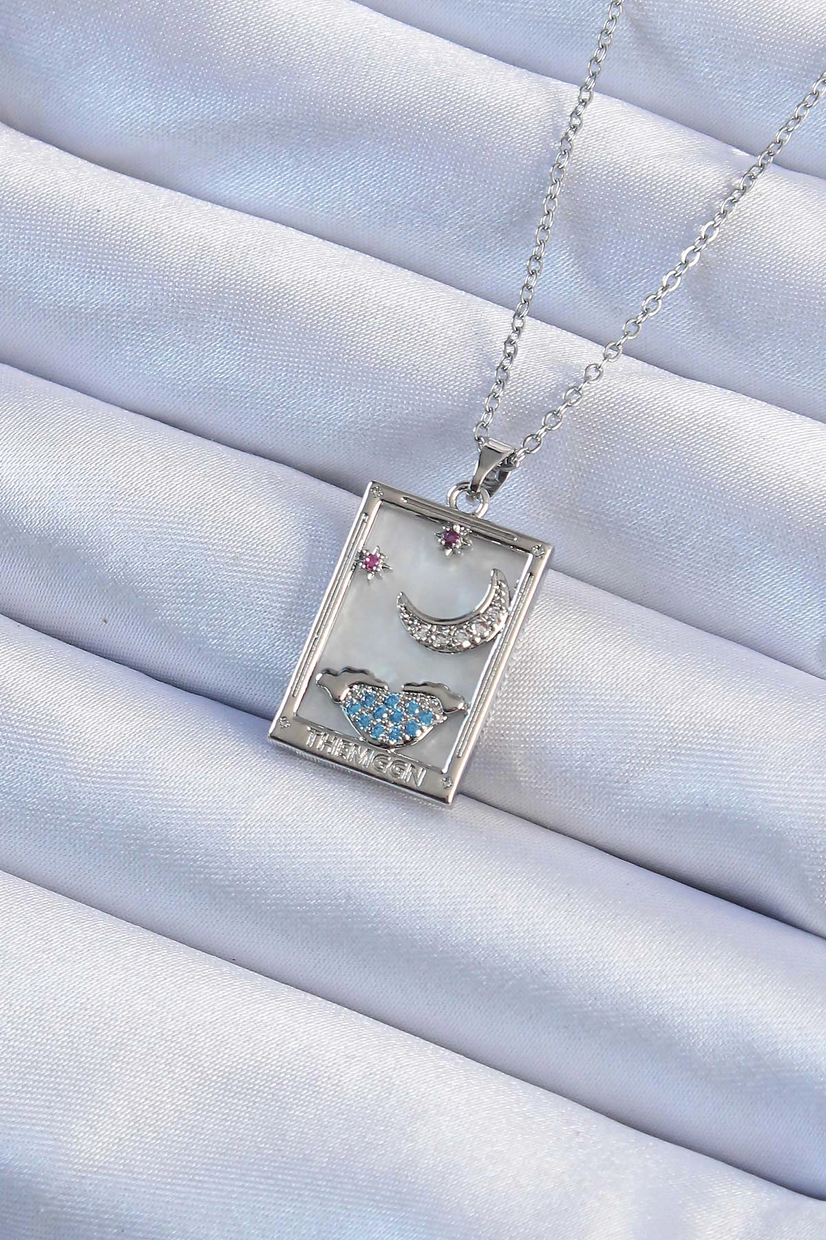 316L Çelik Zincir Gümüş Renk Zirkon Taşlı Ay Figürlü Tarot Kolye