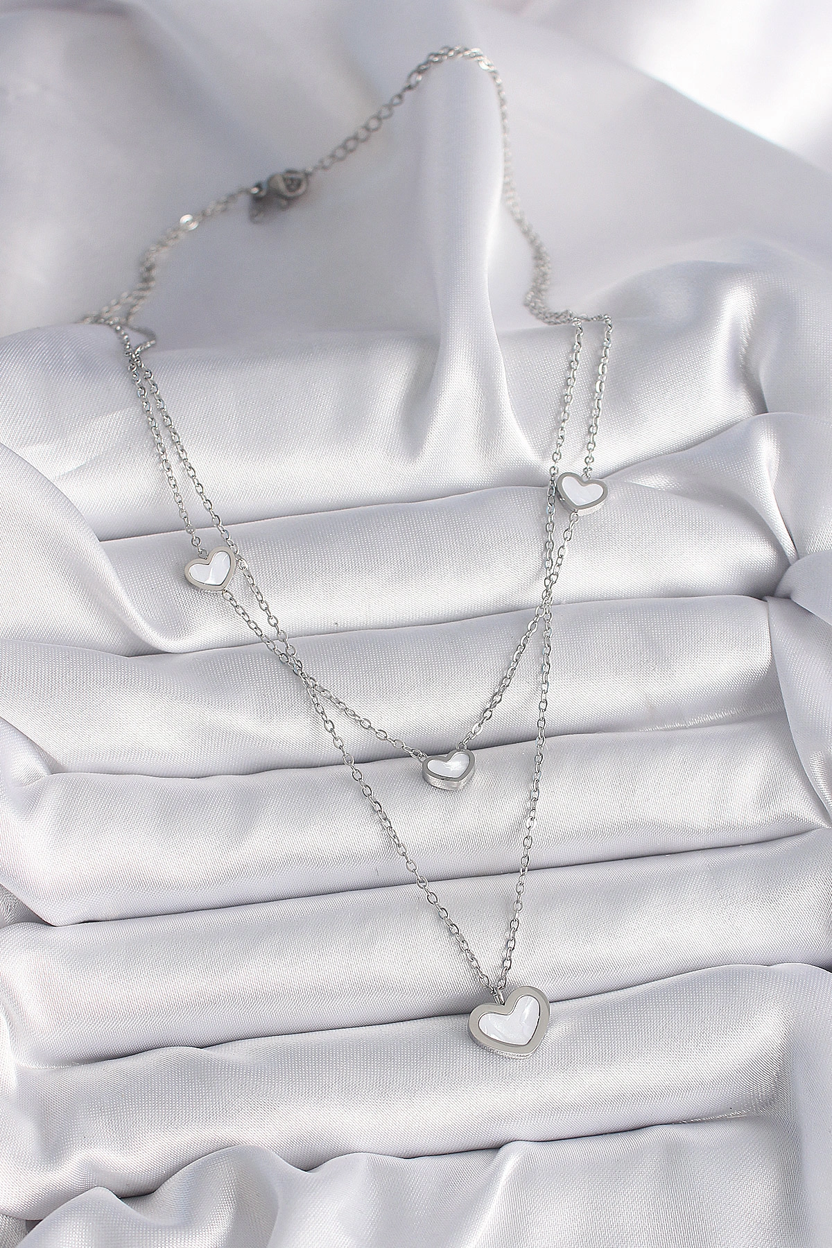 316L Çelik Gümüş Renk Zincir 2'Li Zincir Kalp Model Kadın Kolye