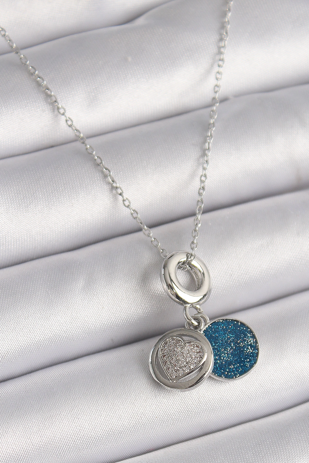 316L Çelik Gümüş Renk Zincir Zirkon Taşlı İşleme Mavi Simli Kadın Kolye