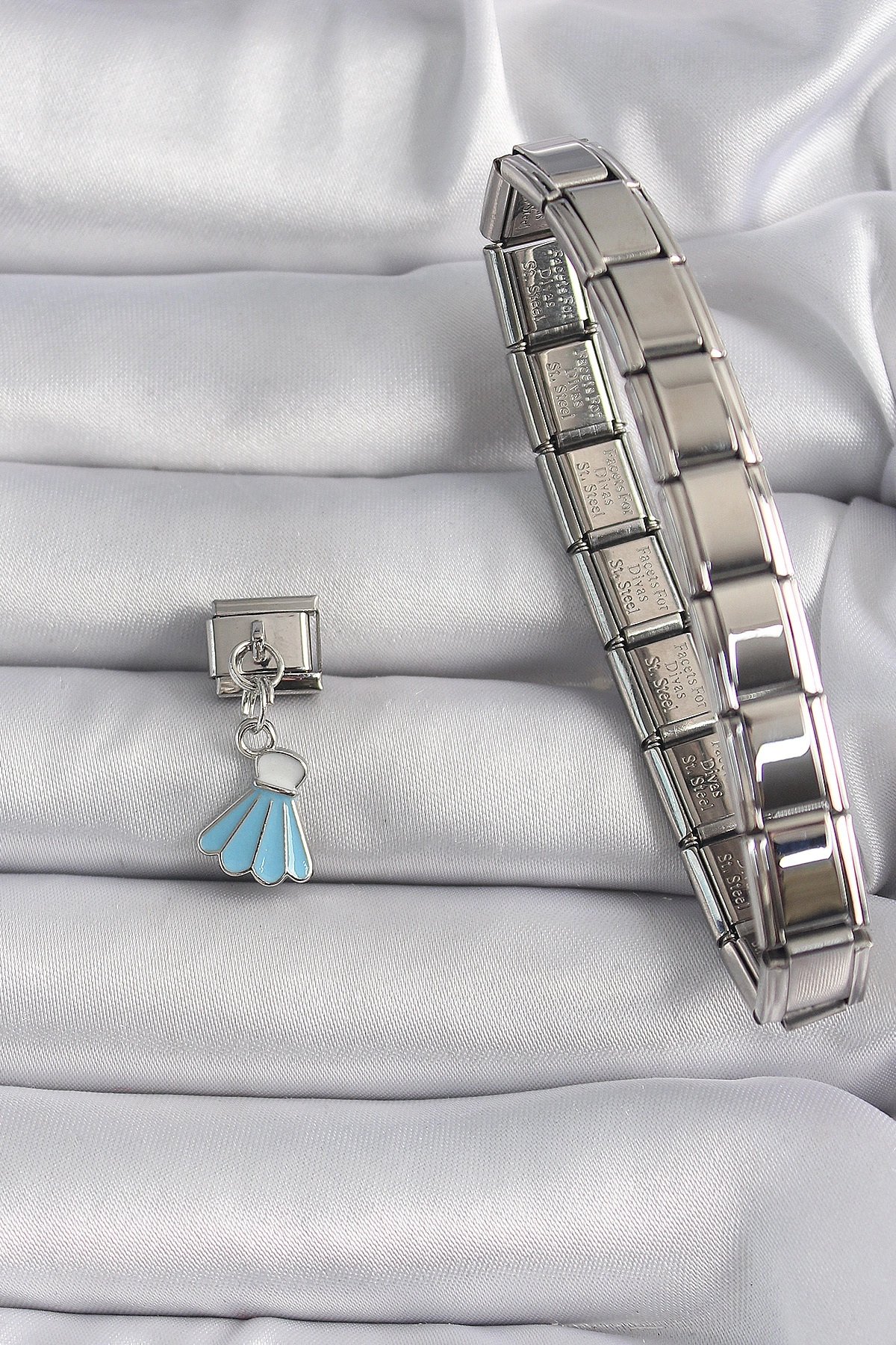 316L Çelik Gümüş Renk Mavi Renk Sallantı Elbise Model Nomination Charm