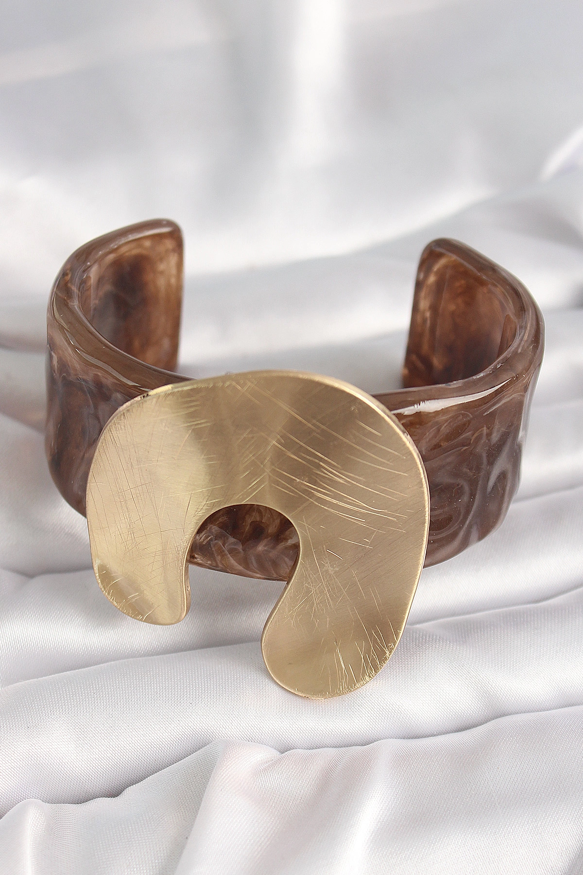 Kahverengi Mermer Desen Akrilik Plastik Gold Nal Model Plaka Vintage Kadın Bilezik