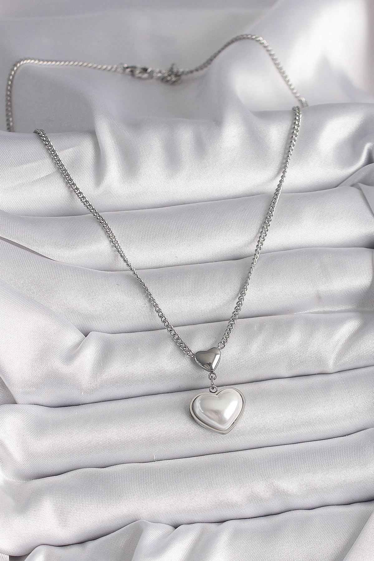 316L Çelik Gümüş Renk Zincir 3D Kalp Model Kadın Kolye