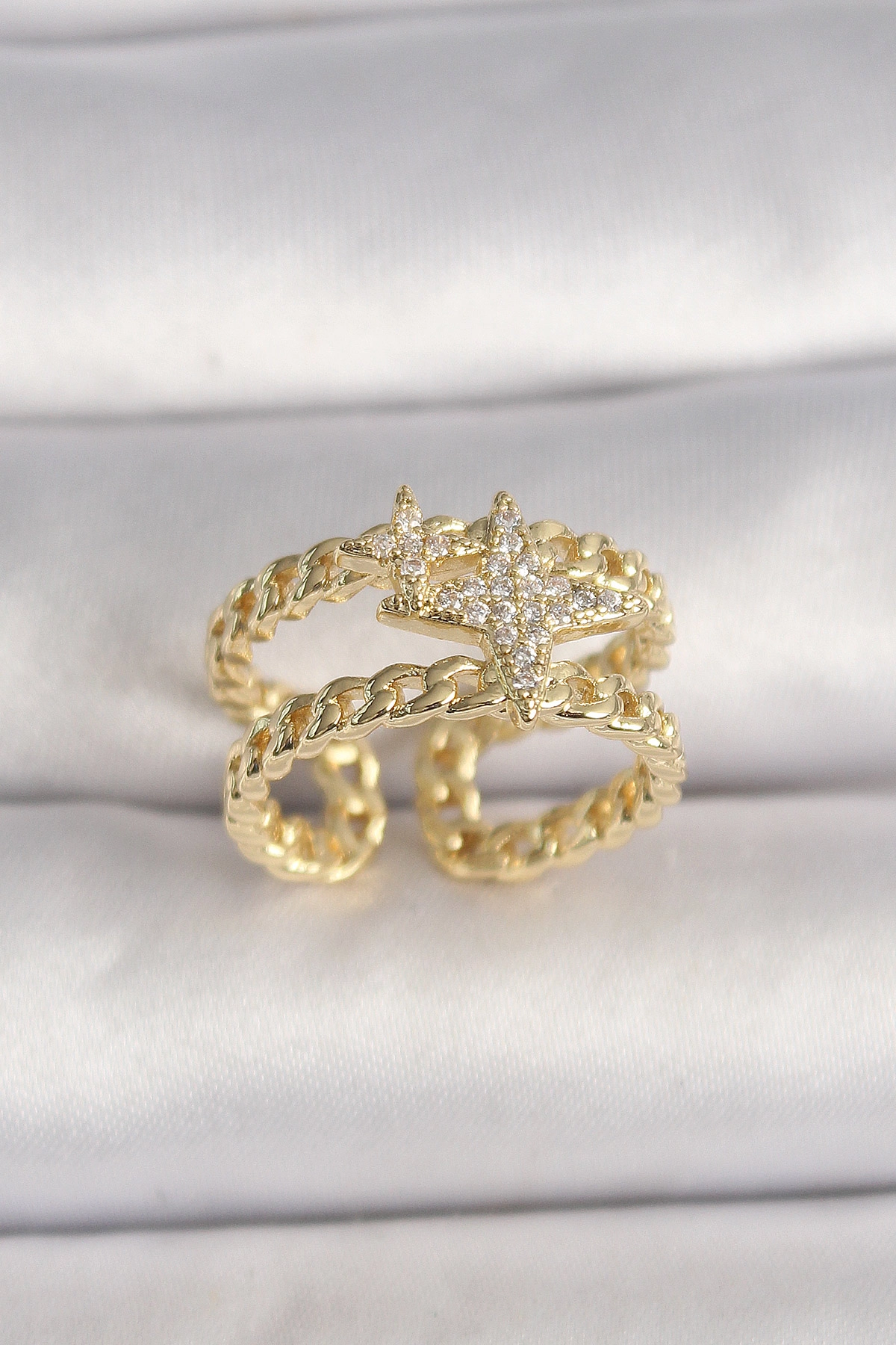 Pirinç Gold Renk 2'Li Zincir Zirkon Taşlı Yıldız Figür Kadın Yüzük