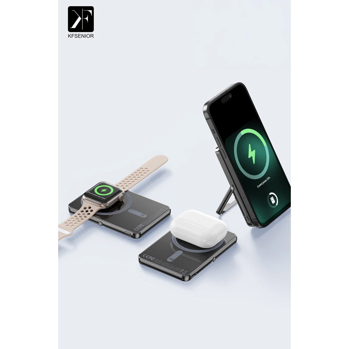 PW580 5.000 mAh 20W Type-C 15W Kablosuz Şarj 3W Saat Şarj ve 5W Kulaklık Şarj Destekli PD Hızlı Şarj Magsafe Powerbank - Titanyum