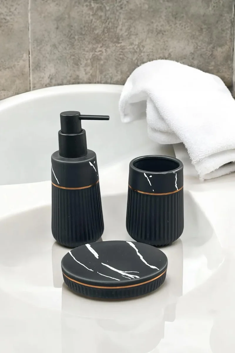 Siyah Mermer Desenli Seramik Banyo Seti 3 Parça