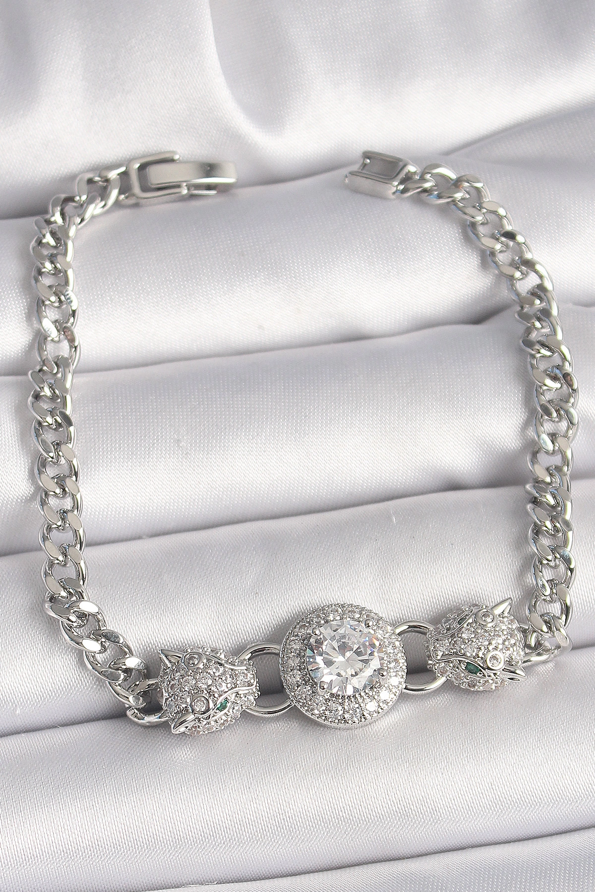 Pirinç Gümüş Renk Zirkon Taşlı Leopar Figür Zincir Model Kadın Bileklik