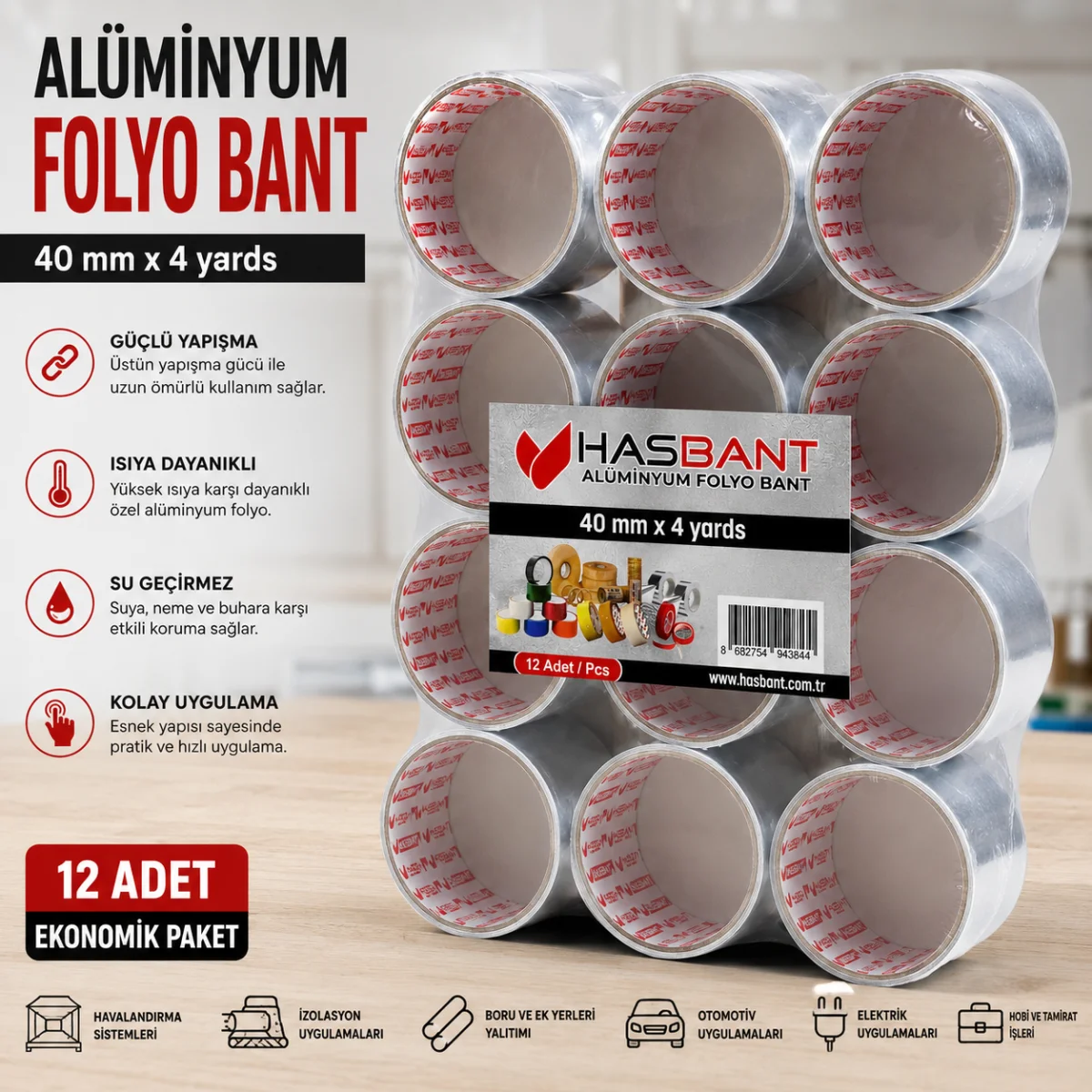 Alüminyum Folyo Bant 40 MM x 4 Yard 12’li Paket | Isıya Dayanıklı Güçlü Yapışkanlı İzolasyon Bandı